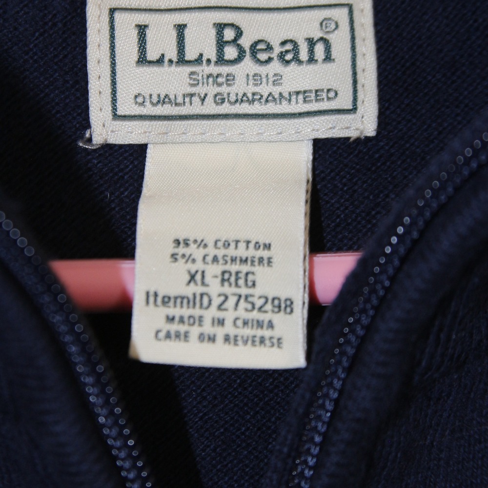 LL Bean Sweater Mens XL Navy Blue Cotton Cashmere Pullover 275298 Quarter Zip - Picture 3 of 4